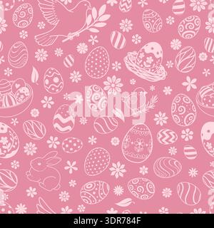 Easter seamless pattern with white eggs, bunnies, birds, flowers on pink background, perfect for holiday designs and decorations. Stock Vector