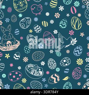 Easter seamless pattern with eggs, flowers, bunny, chick, and dove on dark blue background, pastel colors, whimsical illustrations. Stock Vector