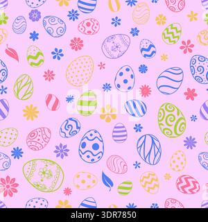 Easter seamless pattern with colorful eggs, flowers, and leaf on soft pink background for holiday decoration and design. Stock Vector