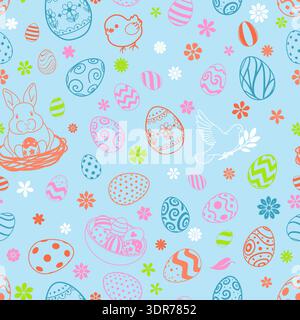 Easter seamless pattern with eggs, bunnies, chicks, flowers on light blue background for holiday design. Stock Vector