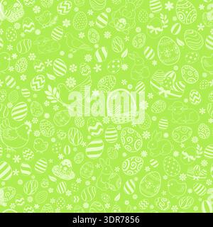 Easter seamless pattern with white easter eggs, bunnies, chicks, lambs, flowers on green background. Stock Vector