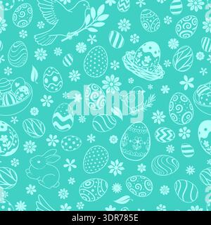 Easter seamless pattern with eggs, bunnies, birds, flowers on teal background, cute and festive design for spring celebrations. Stock Vector