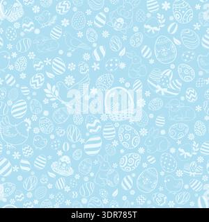 Easter seamless pattern with white eggs, bunnies, lambs, chicks, flowers on light blue background, cute illustrations for holiday design. Stock Vector