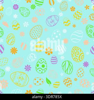 Easter seamless pattern with colorful eggs, flowers on blue background, decorated eggs, spring holiday design elements. Stock Vector