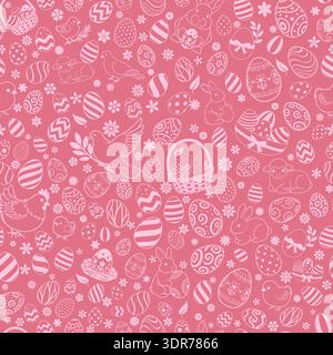 Easter seamless pattern with white eggs, bunnies, lambs, birds, and flowers on pink background, perfect for holiday designs. Stock Vector