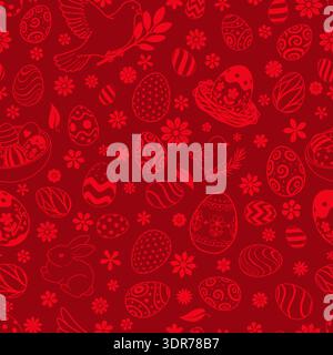 Easter seamless pattern with eggs, bunnies, birds, flowers on red background, perfect for holiday designs and decorations. Stock Vector