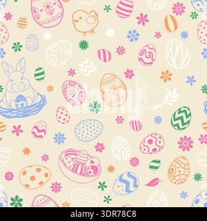 Easter seamless pattern with eggs, bunnies, chicks, flowers on cream background, colorful and playful design for holiday decor and gifts. Stock Vector
