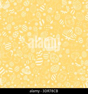 Easter seamless pattern with white easter eggs, bunnies, chicks, lambs, flowers on yellow background. Stock Vector