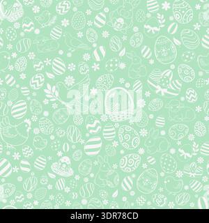 Easter seamless pattern with white easter eggs, bunnies, lambs, chicks, flowers on mint green background. Stock Vector