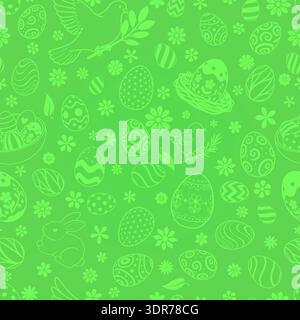 Easter seamless pattern with eggs, bunnies, and flowers in light green on a bright green background, perfect for holiday designs. Stock Vector