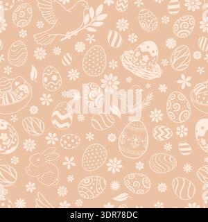 Easter seamless pattern with white eggs, flowers, birds, and rabbit on peach background, perfect for holiday designs. Stock Vector