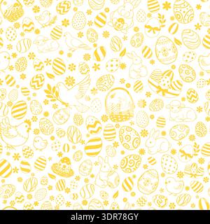Easter seamless pattern with eggs, bunnies, lambs, chicks, flowers, and baskets in yellow on white background for holiday designs. Stock Vector