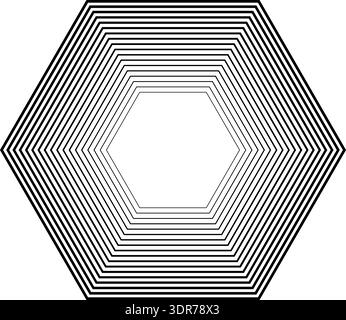 Hexagonal shape with 18 concentric continuous lines where inner lines are thinner and outer lines are thicker without gradient Stock Vector
