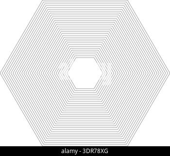 Hexagonal shape with 32 concentric continuous lines all of equal thickness without gradient Stock Vector