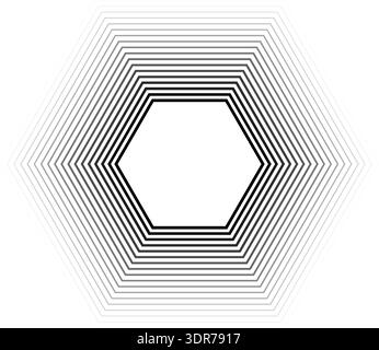 Hexagonal shape with 18 concentric continuous lines where inner lines are thicker than outer lines with gradient Stock Vector
