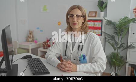 Woman pediatrician types on keyboard with hands on keys, stethoscope visible in clinic building; calm child care. Stock Photo