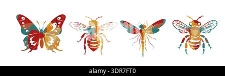 A set of different colored insects. Hand drawn. Not AI, vector illustration. Stock Vector