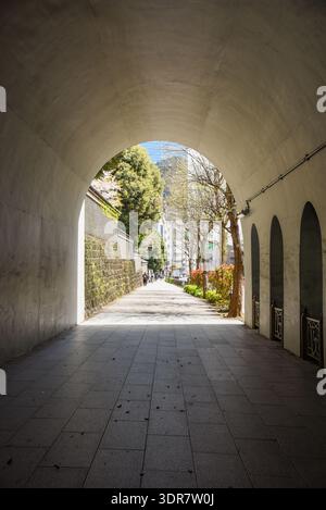 Empty vaulted tunnel in Tokyo frames a bright cobblestone street beyond with a moss-covered stone wall, ornamental gates and spring trees. Stock Photo