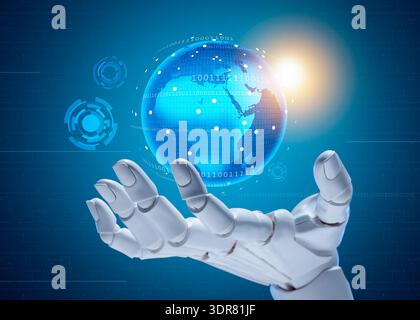 Robot hand holding virtual globe on blue gradient background. Artificial intelligence in global development Stock Photo