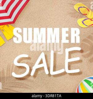 Summer sale poster or sticker design. Beach accessories on golden sand, top view Stock Photo