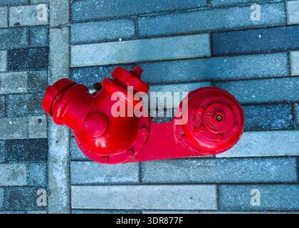 A red fire hydrant is seen close to the ground on a sidewalk. The surrounding area has gray and blue bricks laid out in a neat pattern. The scene is b Stock Photo