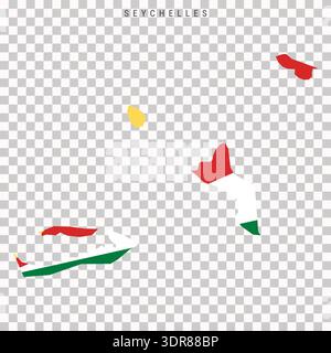 Vector illustration showing a map of Seychelles filled with its national flag design, placed on a transparent background for use in geography and educ Stock Vector