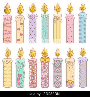 Colorful long candles with abstract geometric and psychedelic patterns. Various color high candles with melted wax and flame. Big sign vector set. Coz Stock Vector