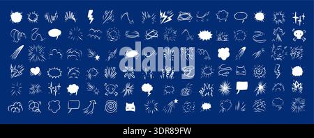 Comic effect manga elements set with white line icons on blue background. Glowing doodle bursts, clouds, motion trails and speech bubbles for dramatic night scenes, neon posters and animation overlays Stock Vector