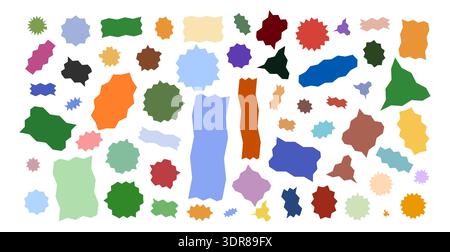 Set of colorful wavy organic blobs. Vibrant fluid spots and irregular islands for collage backgrounds, sticker designs and playful graphics. Multi-hue blob silhouettes vector illustration. Stock Vector