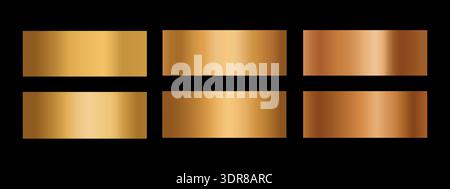 Gold gradient backgrounds with smooth foil textures. Color palette set with bronze, copper, and yellow gold tones isolated on black background Stock Vector