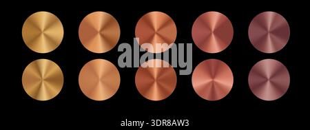 Gold gradient circles with metallic radial effect. Elegant golden, bronze and rose gold gradation with smooth finish and holographic shine. Stock Vector