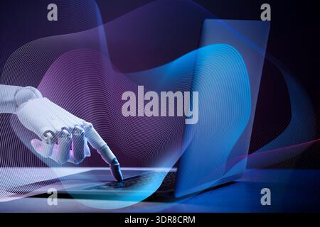 Artificial neural network. Robot using laptop at table Stock Photo