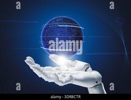 Robot hand holding virtual globe on blue gradient background. Artificial intelligence in global development Stock Photo