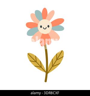 Cute flat vector illustration of a smiling daisy flower in pastel colors. Kawaii cartoon style plant isolated on white background, perfect for spring Stock Vector