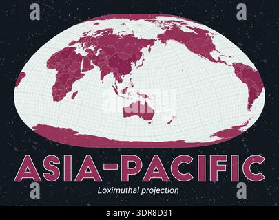 Asia-Pacific world map, using a Loximuthal projection centered on the Asia-Pacific region. Stock Vector