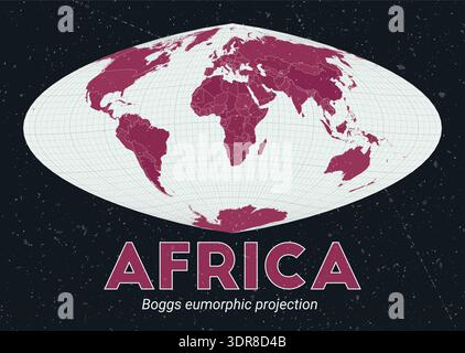 Africa world map. Boggs eumorphic projection centered on Africa. Pale mint and dark pink palette. Vintage texture. Appealing vector illustration. Stock Vector