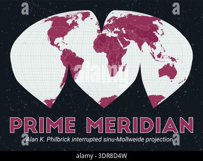 Prime Meridian. World map. Alan K. Philbrick interrupted sinu-Mollweide projection centered to Prime Meridian. Pale Mint Dark Pink palette. Stock Vector