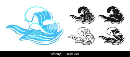 Sea Tsunami wave for logo. Water splashes, flowing abstract ocean linear and silhouette set. Wave beach icons graphic dynamic liquid motion, modern marine elements and fluid aquatic forms illustration Stock Vector