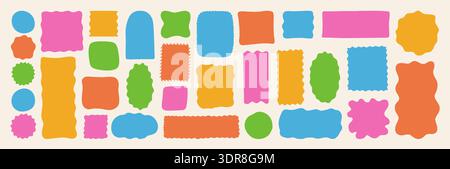 Abstract silhouette organic shape set with wavy liquid forms and irregular geometric frames. Retro fluid blobs curves, scalloped edges and soft oval shape spots. Minimal abstract elements modern look Stock Vector