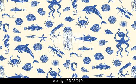 Underwater Marine Life Grunge Hand Drawn Seamless Pattern, Ocean Stamp Mediterranean Silhouette. Octopus, seahorse shell fish crab, lobster starfish seashells coastal ocean retro mood Background Stock Vector