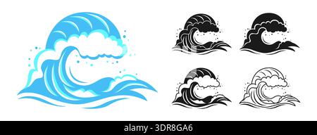 Sea Tsunami wave for logo. Water splashes, flowing abstract ocean linear and silhouette set. Wave beach icons graphic dynamic liquid motion, modern marine elements and fluid aquatic forms illustration Stock Vector
