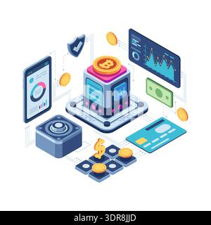 Isometric Fintech Innovation with AI and Cryptocurrency. Fintech Innovation Concept Stock Vector