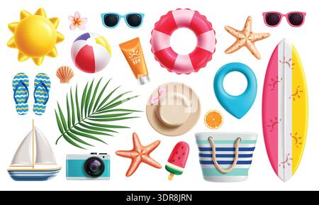 Summer 3d elements clipart set. Beach Summer elements colorful clip art collection like floaters, surfboard, sun, beachball, sea shells, hat and tote Stock Vector
