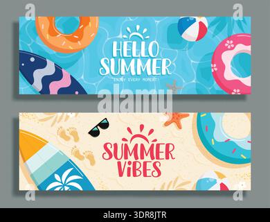 Hello Summer vibes greeting clipart banner set. Summer Time typography text in sea shore and swimming pool background with tropical decoration element Stock Vector