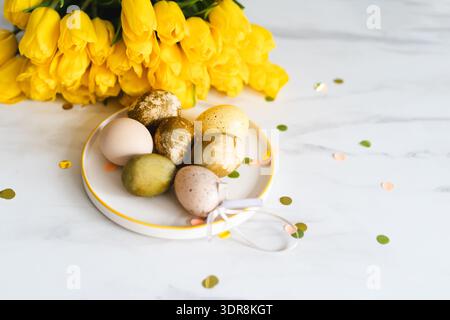Minimalist Easter eggs dyed with natural colors. Happy Easter Day Stock Photo