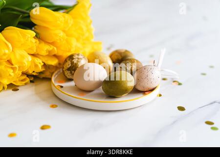 Minimalist Easter eggs dyed with natural colors. Happy Easter Day Stock Photo
