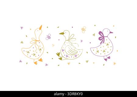 Hand drawn doodle spring goose set. Stock Vector
