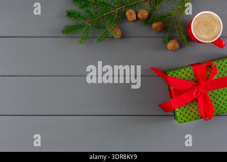 A Collection of Christmas Items is Arranged on a Gray Wooden Surface Stock Photo