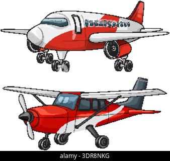 Colorful vector illustration of commercial jet and light propeller airplane on white background Stock Vector