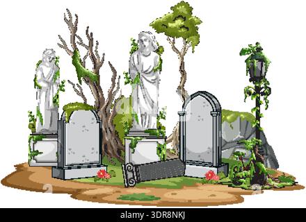 Vector illustration of ivy-covered cemetery statues, gravestones, and lamppost in abandoned overgrown landscape Stock Vector